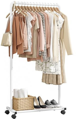 Sakugi Kleiderständer - Kleiderständer auf Rollen, Kleiderstange mit Aufbewahrungsgitter, Robuster Metall-Garderobenständer für Kleider, Kleider, Pullover, Mäntel, Clothes Rack (Weiß, Mittel)