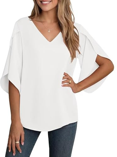 YGJIEGENG Women's Chiffon Blouse Ladies Tops Elegant Casual Loose 3/4 Ruffled Split Sleeve V Neck Summer Blouse T Shirts,White, Large