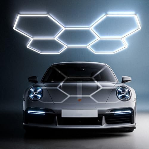 Plafonnier LED hexagonal -5Hexs Éclairage de garage, éclairage d'atelier LED, tubes lumineux connectables 6500K pour salon automobile, station de lavage atelier entrepôt salle de sport, sous-sol