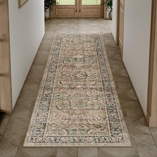 HUGEAR Marron Vintage Tapis Couloir Long Antidérapant Lavable en Machine 60x240cm Cuisine Chambre Adulte Interieur Bureau Poil Ras Decoration Chambrel