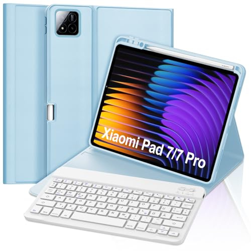 FOGARI Tastatur Hülle für Xiaomi Pad 7/7 Pro 11.2 Zoll 2024, Deutsches QWERTZ, Magnetisch Abnehmbarer Deutscher Bluetooth Tastatur für Xiaomi Pad 7/7 Pro 11.2, Hellblau