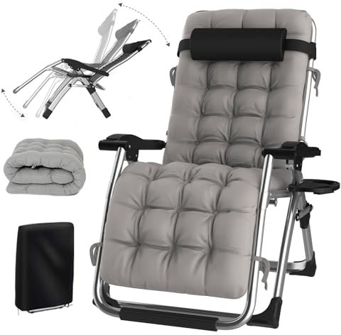 Liegestuhl Klappbar Sonnenliege, Gartenliege Relaxliege für Mittagspause mit Verstellbar Rückenlehne, Extrabreiter Gartenstuhl mit Kissen, für Patio-Garten-Strand-Pool,Belastbar 240kg (Grau, 72)