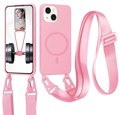 xinyunew Cordon de Coque Compatible avec iPhone 14(6.1) Compatible avec MagSafe Coque,Collier Étui Silicone Liquide avec Tour de Cou Lanière en Corde Souple TPU Antichoc Housse-Rose