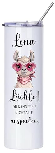 Personalisierter Edelstahl-Thermobecher mit Edelstahl Strohhalm, Lama-Design, Spülmaschinenfest, 590ml, Lächle! Du kannst sie nicht alle anspucken.