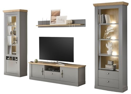 Furn.Design Wohnwand in grau und Artisan Eiche Landhaus, Wohnkombination 4-teilig 317 x 201 cm, Rideau