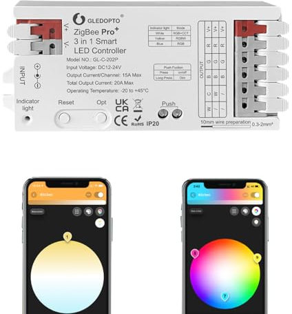 GLEDOPTO ZigBee 3.0 Pro+ 5 in 1/3 in 1 LED Controller 20A Max RGBCCT/RGBW/RGB/CCT/Dimmer Work with Alexa H*ue Tuya Smart Life APP Control (202p-3 in 1 LED Controller)