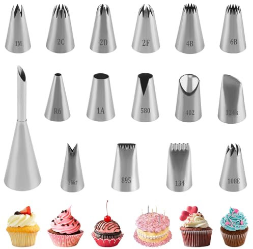 16pcs Douilles Pâtisserie Grandes Inox Professionnelles, Embouts pour Poche à Douille, Grandes Buses + 1 Douille à Choux, Accessoires Décoration Gâteaux Cupcakes Biscuits Glaçage