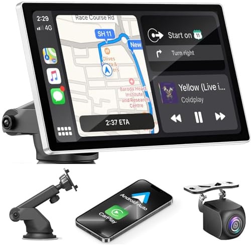 KMUTZY Portátil Radio Coche, Pantalla Carplay para A-pple CarPlay y Android Auto, 9 Pulgadas Táctil Pantalla con cámara retrovisora, Soporta Manos Libres/FM/Mirror Link/AUX con Navegación GPS