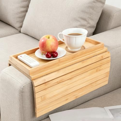 Tablette pour accoudoir en Bois Massif, Tablette Gain de Place pour Snacks et Boissons, rainures antidérapantes, avec 1 sous-Verre en Bois, Organisateur d'accoudoir