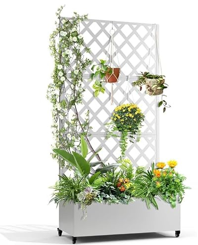 Garvee Paravent d'extensionérieur sur roulettes avec bac à Plantes et Treillis, 3 Panneaux métal, 183x120cm – Séparateur de Balcon ou Jardin – Idéal pour Plantes grimpantes, légumes, vignes – Blanc