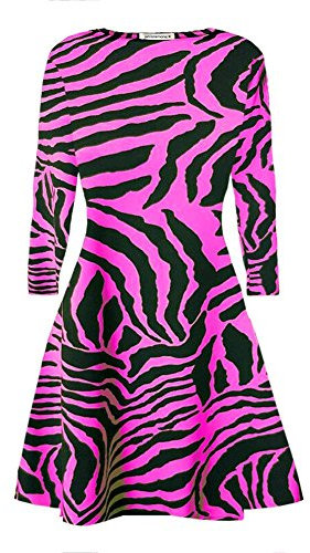 janisramone Robe trapèze évasée à manches longues pour femmes, imprimé Animal zèbre, Mini haut extensible, rose fluo