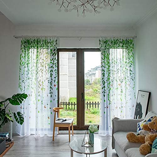Boyouth Voile-Vorhänge, Schwalben und Weidenzweige, Bedruckt, transparent, mit Stangentaschen, Fenstervorhänge für Schlafzimmer, Wohnzimmer, Grün, 2 Stoffbahnen, 100 x 200 cm