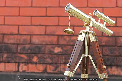 MALLA INC. Nautical Spyglass Telescope Brass Pirate 10 Inch| Double Barrel Maritime Antique Style Telescope With Wooden Tripod Stand | Nautical Decor Gift
