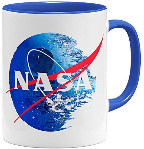 OM3® Empire Death Star Kaffee-Tasse NASA Style Logo - Keramik Becher - 11oz 325ml - Beidseitig Bedruckt - Blau