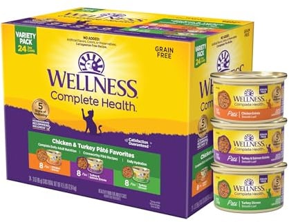 Wellness Complete Health Pate Variety Pack Adult Canned Wet Cat Food, Natural, Protein Rich, Grain Free, Chicken and Turkey Favorites, 3 oz, Pack of 24 Cans