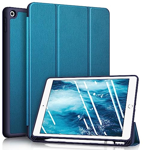 Fintie Funda Compatible con iPad 10,2 2021/2020/2019 (9.ª, 8.ª y 7.ª Gen) con Soporte Integrado para Pencil - Carcasa Ligera Trasera de TPU Suave con Auto-Reposo/Activación, Satinado Azul Cerceta