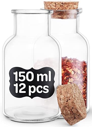Praknu Gewürzgläser mit Korken 150ml - 12er Set mit Etiketten - Luftdicht - inkl. Geschenkbox