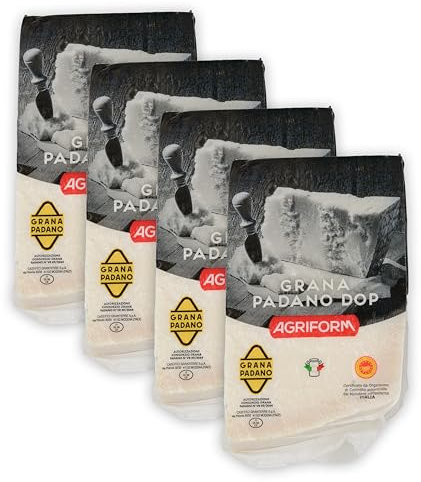 Food-United GRANA PADANO 4x1kg formaggio-italiano-Hartkäse DOP Italienischer-Käse am Stück über 10 Monate gereift mit g.U.-Siegel zum Reiben würzig aromatisch