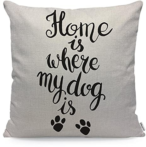 Wondertify Home is Where My Dog is Kissenbezug, Haustier-Zitat, Fußabdruck, Wurfkissenbezug für Couch, Heimdekoration, Schwarz/Weiß, 45 x 45 cm