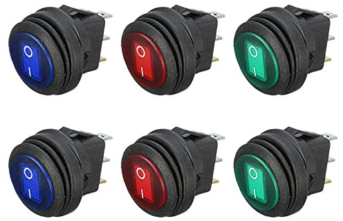 ETOPARS 6 Piezas 12V 20A Interruptor Basculante Redondo para Automóvil Indicador de Luz LED Azul Rojo Verde Interruptor de Palanca Coche Botón Pulsador Impermeable 3Pin ON Off