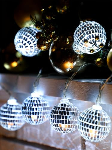 BBTO LED Disco Ball String Light Battery Powered Mirror Balls Ornaments for Outside Backyard Porch 70s 80s Disco Party Supplies(1.57 Inch,Silver White)