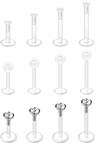 LAURITAMI 12stk 16G Klar Lippenpiercing Retainer Durchsichtig Labret Stecker Flexible Bioflex Plastik Tragus Helix Ohrstecker Piercing