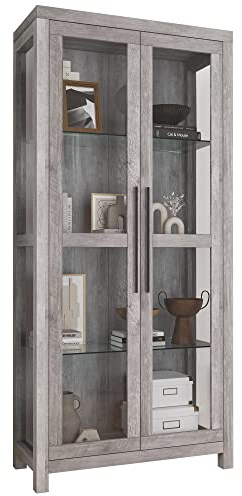 BELLEZE Aufbewahrungsschrank, hohes Bücherregal oder Vitrine für Wohnzimmer, Schlafzimmer, Curio-Schrank mit Türen aus gehärtetem Glas, Trophäen-Vitrine, Aufbewahrung/Organisation – Avalon (Grau