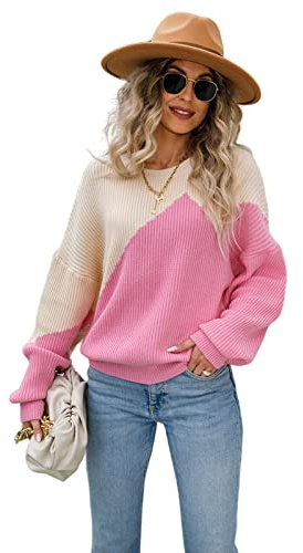 HEYPORK Damen Herbst Winter Warm Bequem Casual Mode Strickjacke Strickpullover Frauen Pullover Farbblockierung Batwing Pullover Rundhals Strickpullover(Rosa, M)