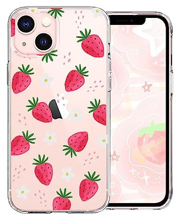 Cute Strawberry Case for iPhone 13 6.1 Inch with kawaii Little Daisy Design,Clear Slim Soft TPU Shockproof Protective Cover Compatible with iPhone 13 for Women Girls Kids