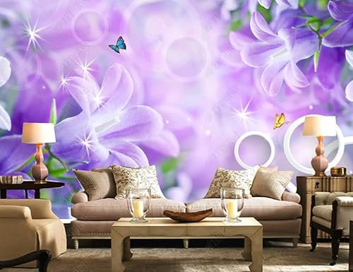 MATUDA Carta Da Parati Panoramica Farfalla Del Cerchio Del Fiore Lilla 3D Carta Da Parati Non Tessuta Soggiorno Camera Da Letto Decorazione Da Parete 300Cm(W)*210Cm(H)