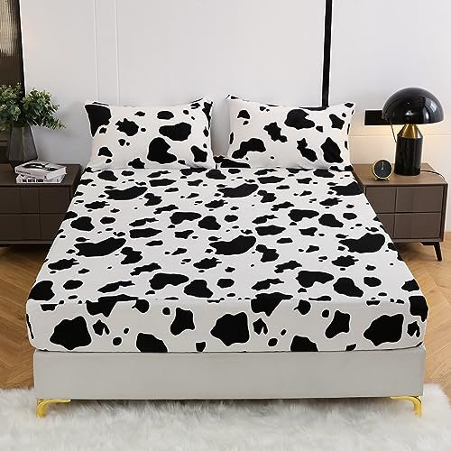 Damier Winter Spannbettlaken 180x200cm Schwarz Weiß Kuhmuster Flauschig Warm Samt Bettlaken Cashmere Touch Plüsch Spannbetttuch Geeignet für 30cm Matratze