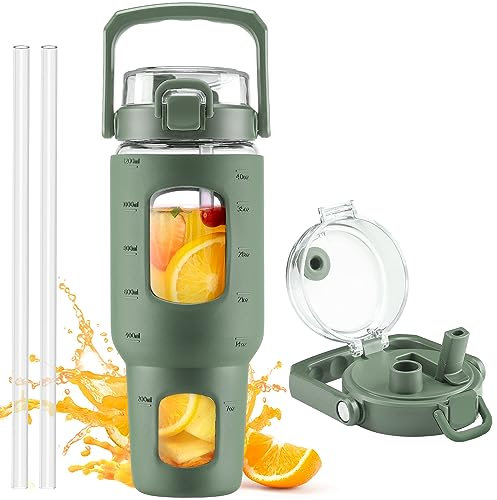 HYDRAGLAZIC 1200ml Bouteille d'eau en Verre avec Paille et couvercle Gourde de Motivation avec Marqueur de Temps et Poignée Sans BPA Anti-fuite pour Auto Gym Extérieur, Olivier