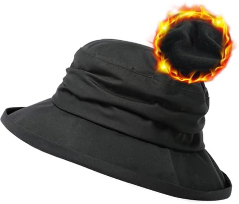 Comhats wasserdichte Damen Winterhut, warme Fleece-gefütterte Fischerhüte Regenhut Sonnenhut Verstellbar | Faltbar | Winddicht 737_Schwarz (Fleece-Futter) M