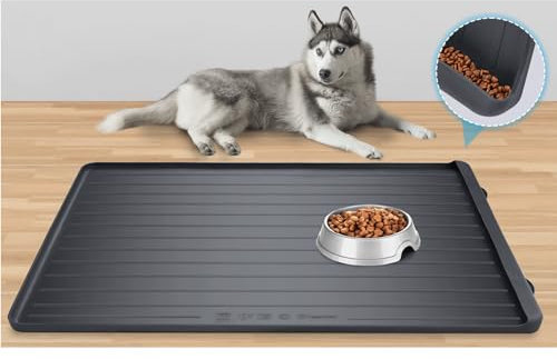 Futtermatte für Hunde – 99 x 68 cm, große Silikon-Haustierfutter-Matte mit Rückstandssammeltasche und hohen Kanten, wasserdichte Bodenmatte für Hunde und Katzen, verhindert Verschütten von