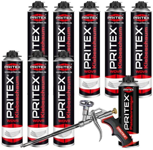 PRITEX - WDVS Klebeschaum Set 8 x 750 ml inkl. Schaumpistole und Pistolenreiniger zum Isolieren, Fixieren & Befestigen – Montageschaum Dämmstoffkleber mit sehr guter Haftung
