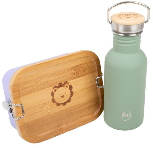 Lunch Set für Kinder – Pausenbox mit Trinkflasche 500ml aus Edelstahl, auslaufsicher & BPA-frei, Brotdose mit Trennwand – Ideal für Schule & Freizeit, Mint Flasche + Lila Box, leicht zu reinigen