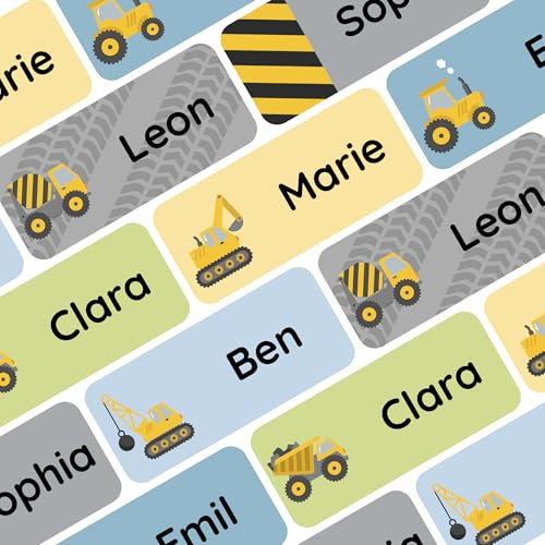 Klebekerlchen® Namensaufkleber für Kinder (60 Stück), Kleidung & Gegenstände Namensschilder personalisiert und waschmaschinenfest, Schule und Kindergarten - Bagger