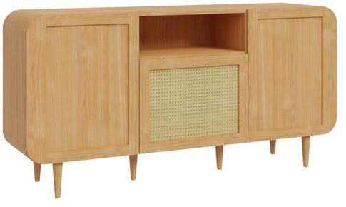 Meubletmoi Anrichte L. 160 cm, abgerundete Ecken, 3 Türen, Eichendekor mit Korbgeflecht aus Rattan und Beinen aus Massivholz – skandinavischer und Vintage-Stil – Vivian