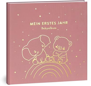 Mein erstes Jahr Babyalbum - Hochwertiges Leinenbuch mit Goldprägung für die schönsten Erinnerungen - Babybuch zum Eintragen für das erste Lebensjahr - Baby Geschenk zur Geburt (Regenbogen Rosé)