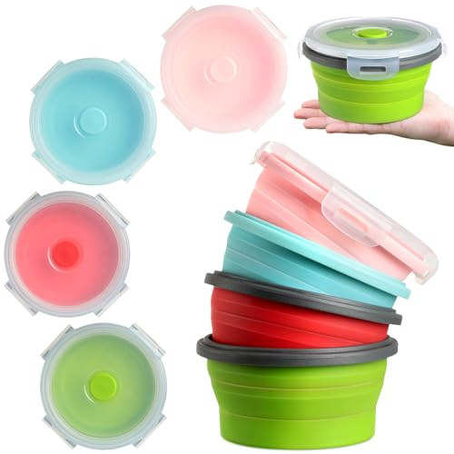 Suclain Set di 4 ciotole da campeggio con coperchio, pieghevoli, in silicone, per il pranzo, insalatiera, espandibile, per conservare gli alimenti, ciotole da viaggio pieghevoli per escursioni calde