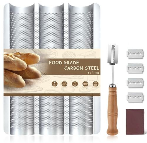 Pleafind Baguette Mould for 3 Baguettes with Non-Stick Coating, Baguette Baking Tray with 3 Slots, Deep Fluted, Perforated Baguette Tray, Baguette Mould Bread Baking Accessories (Silver)