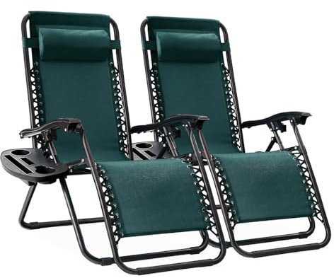 EIGFOH Tumbonas Plegables,Jardin Exterior Silla de Playa con Portavasos y Reposacabezas,Silla de Playa Ajustable para Jardín,Piscina,Terraza,Carga de 150 KG (Verde 2 Tumbonas)