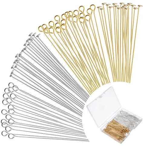 600 Stück 50mm kopfstifte schmuckherstellung, Stecknadeln Kopf Pins Ohrringe Basteln Nietstifte Mit Öse, Schmuck Kopfnadeln Gerade Stifte Edelstahl-Stift-Entdeckungen Kopfstifte, Golden/Silber