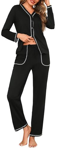 Demegimi Pigiama Donna Invernale Pigiama Comodo ed Elegante con Bottoni Scollo a V Set da Pigiama con Pantaloni Lunghi