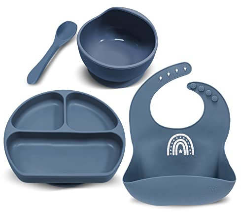 Miracle Baby Lot de 4 Set Vaisselle Silicone Repas Bébé, Assiette Ventouse pour Bébé, Bol Ventouse pour Enfant, Bavoir Imperméable, Cuillère D’apprentissage, Sans BPA, Passe Lave et Micro Onde (Bleu)