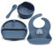 Miracle Baby Lot de 4 Set Vaisselle Silicone Repas Bébé, Assiette Ventouse pour Bébé, Bol Ventouse pour Enfant, Bavoir Imperméable, Cuillère D’apprentissage, Sans BPA, Passe Lave et Micro Onde (Bleu)