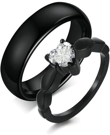 Beydodo Trauringe Edelstahl Wolframcarbid mit Gravur, Eheringe Paarpreis Herz mit Zirkonia Hochglanzpoliert Schwarz Freundschaftsringe Partnerringe für 2 Damen Gr.65 (20.7) + Herren Gr.57 (18.1)