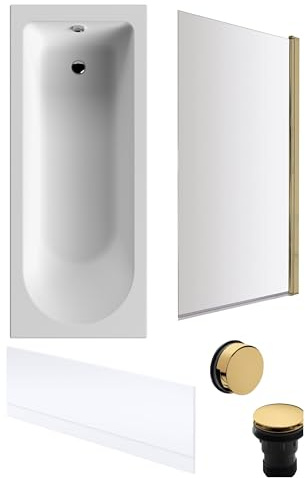 Balterley 1700 x 700mm Round Shower Bath with Leg Set, Brushed Brass Rectangular Shower Screen, Brushed Brass Waste & Front Bath Panel, Straight Single Ended Gloss White Soaking Bathtubs