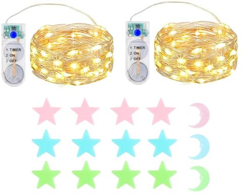 MUXIJIA 2x2M 20 LED Mini Lichterkette Innen Außen mit Timer Batterie für Party Hochzeit Weihnachten Beleuchtung Deko, mit Sterne Fluoreszierende Wandsticker