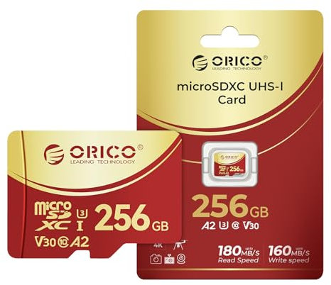 ORICO 256GB microSDXC UHS-I Speicherkarte, 180MB/s Lesen, 160MB/s, 4K UHD Aufnahme, U3, Class10, V30, A2, Micro SD für Action Kamera, Dash Cam, TF Karte, F3
